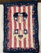 Handcrafted Quilted Wall Hanging HEARTS STARS PATRIOT RED WHITE BLUE 13 X19
