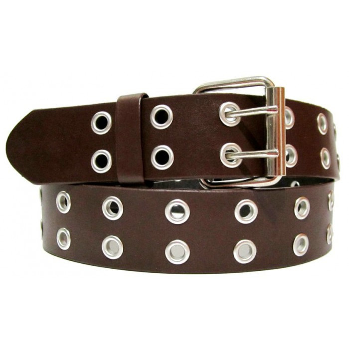 Double Row Leather Belt w/ Silver 2 Grommet Two Holes Buckle Black