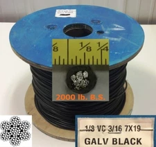 Black Vinyl-Coated Steel Aircraft Cable Wire Rope 100 ft 1/8" VC 3/16" 7x19