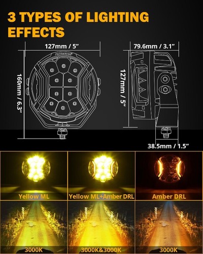 Auxbeam 5 pulgadas tirador lateral LED luces todoterreno ámbar DRL y foco lámpara de conducción - Imagen 7 de 12