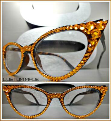Classy Elegant Retro Cat Eye READING EYE GLASSES READER Orange Crystals HANDMADE
