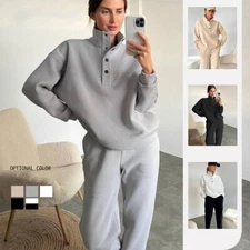 Oversized Solid Casual Pullovers Long Pant Set Warm Hoodie New Tracksuit Suit Fa