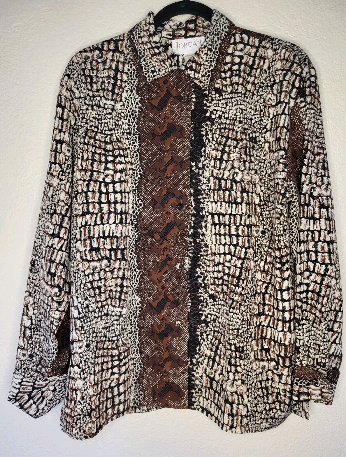 Jordan Womens Top Size 10  Brown Button Down Long Sleeve Snakeskin Animal Print