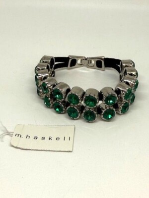 NWT M. Haskell Green Rhinestone and Silver Tone Linked Bracelet