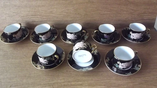 Vtg Fitz & Floyd Cloisonne Peony 8 Blk Cup & Saucer super cond Free S/H