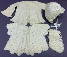 SWEET 4 Pc 1940s VTG BABY Bonnet Booties 2 SWEATERS Crochet Handmade Doll EVC