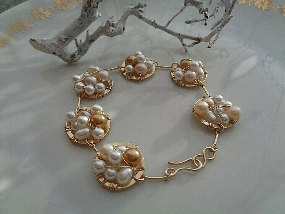 Goldarmband m. Perlen, Gold Filled, kunstvoll verdrahtet, Designerstück - Bild 4 von 4