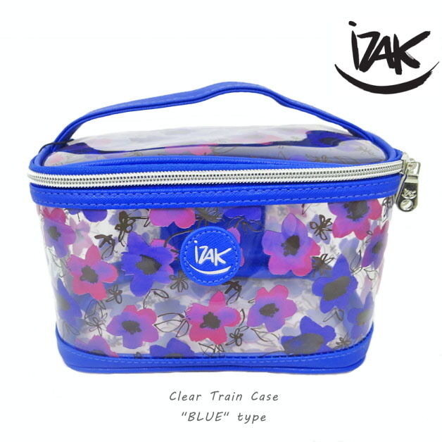 100% Genuine IZAK Clear with Purple Pink Flowers Train Case Cosmetic Bag in Blue