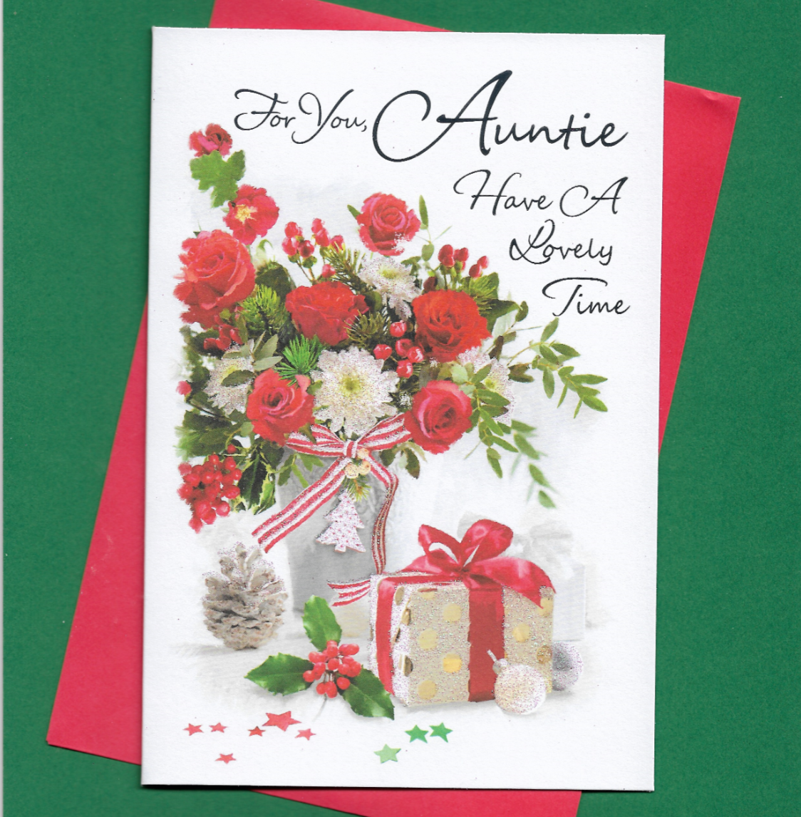 Auntie Christmas Card Nice Xmas Red Flowers Floral Greeting Aunty 19x13cm