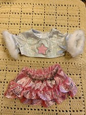 Build a Bear Silver/Pink w/White Fur Trim Top w/Pink/Silver Glittery Skirt - EUC