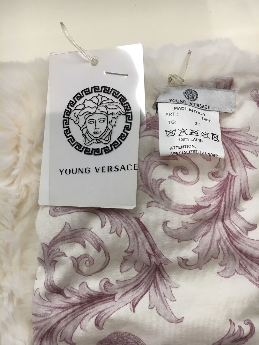 NEW Versace Baby Girl Pink Scroll Real Fur Blanket Throw Logo Italy