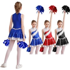 Kids Girls Cheer Leader Costume Cheerleading Uniform Crop Top Skirt Pom Poms Set