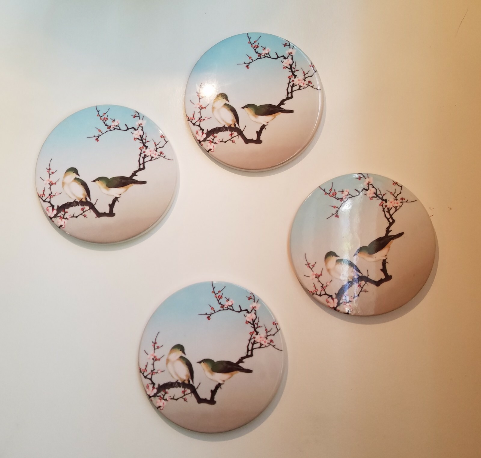 Set of 4 Ceramic Bird and Cherry Blossom Tree Coasters with Wooden Cradle