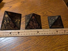 3 Egyptian Pyramids Etched Brass Inlay Mini Pharaohs Home Décor Set Vintage 