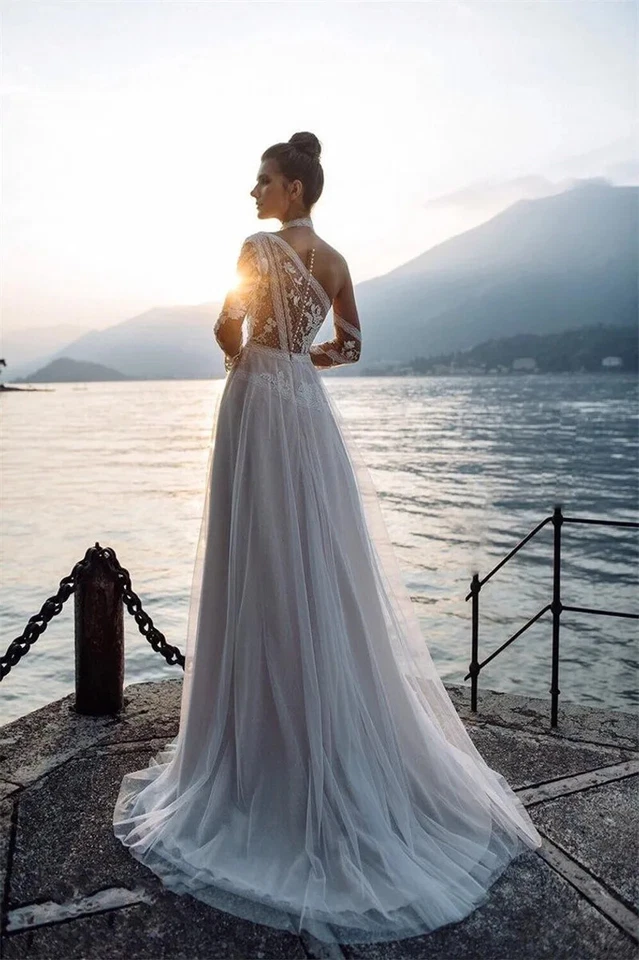 Elegante Vestido de Novia Bohemio Manga Larga Apliques de Punto Blanco Encaje Vestidos de Novia Foto 3 de 4