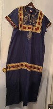 Vtg Egyptian Caftan Dress M Navy Blue Embellished Embroidered Detail Gold Trim