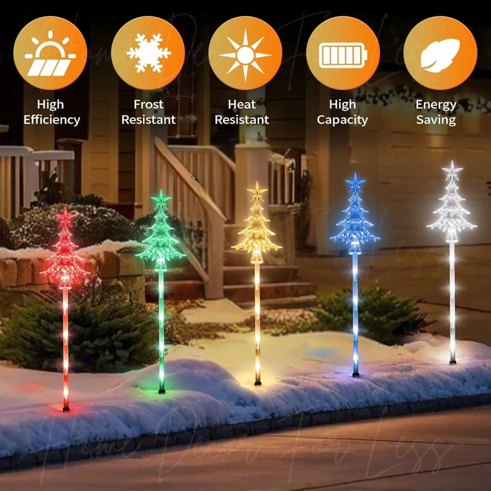 Set of 5 Solar LED Multicolor Christmas Tree Yard Stake Pathway Lights - 8 Modes - Image 4 of 4