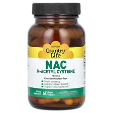 Country Life NAC N-Acetyl Cysteine 750 mg 60 Veggie Caps Gluten-Free, GMP