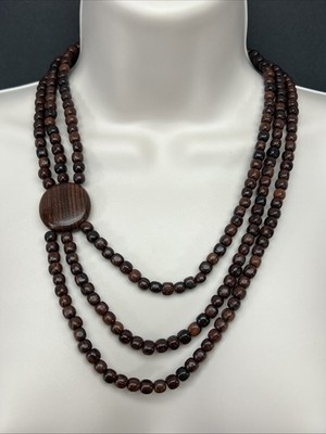 Wooden Layered Bead Necklace Circle Side Bead Vintage Natural Wood Brown 20 Inch