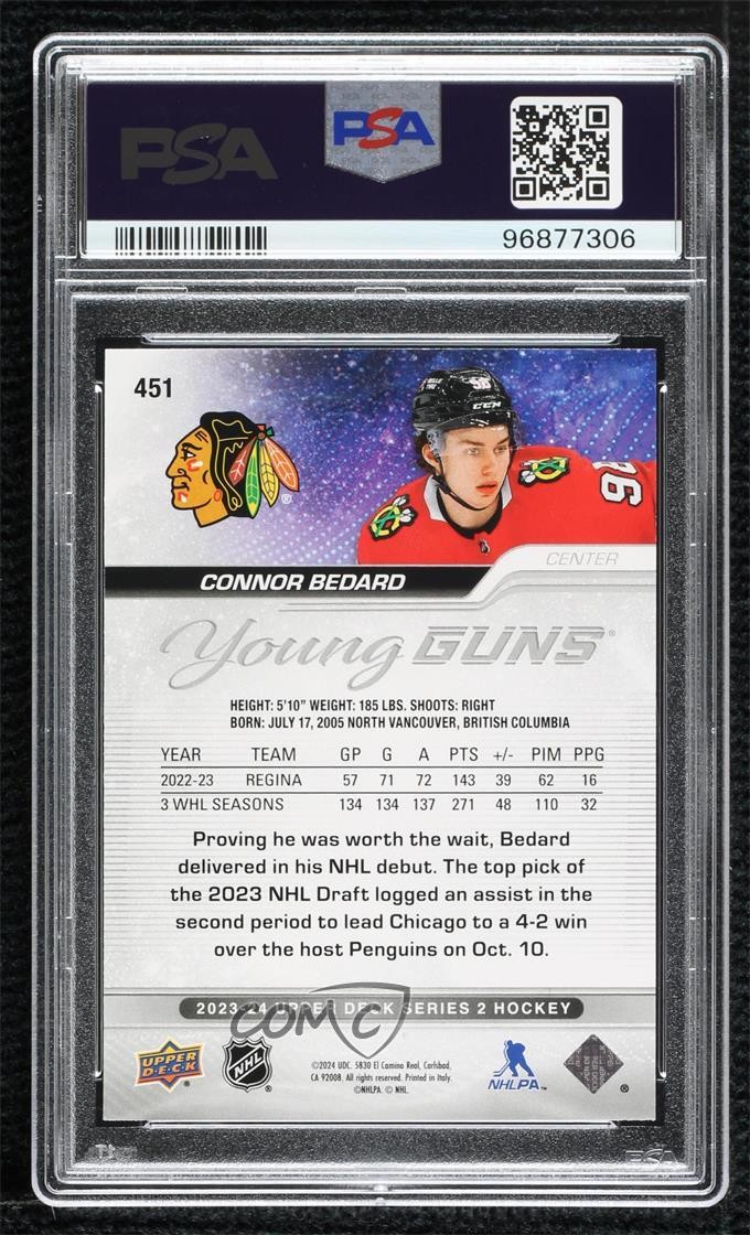 2023-24 Upper Deck Series 2 Young Guns Connor Bedard #451 PSA 9 MINT Rookie RC view 2