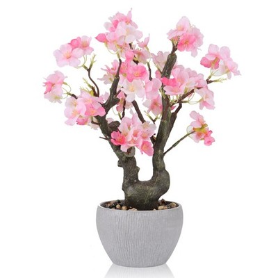 Artificial Pink Cherry Blossom Potted,15.7'' Tall Fake Bonsai Tree,Floral Fau...