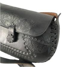 Artisan Genuine Leather Tooled Crossbody Shoulder Bag Aztec Ethnic Black Vintage