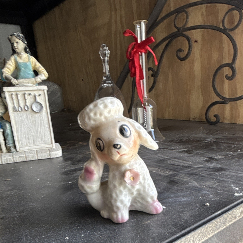 Ceramic Poodle Dog Figurine - White with Pink Accents Collectible