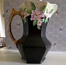 Maling Art Deco Black Hexagon Ceramic Jug, Hand Painted Floral 1 Pint 644