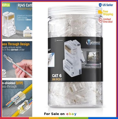Pass Through RJ45 Connectors Cat 6 Ethernet Ends 200 Pack Clear UTP