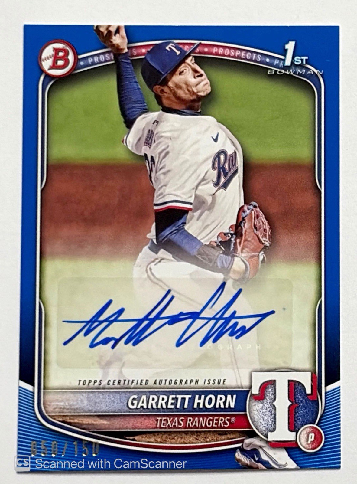 2025 BOWMAN #BPA-GH GARRETT HORN AUTO BLUE BORDER 1ST PROSPECT /150