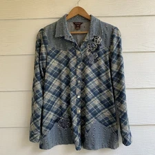 Multiples Top Blouse M Lagenlook  3/4 Sleeve Art To Wear Blue Perforated