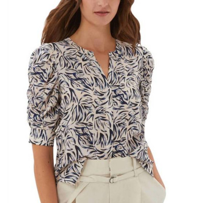 Ecru Blanchett Cinched Puff Sleeve Silk Blend Blouse in Equinox 