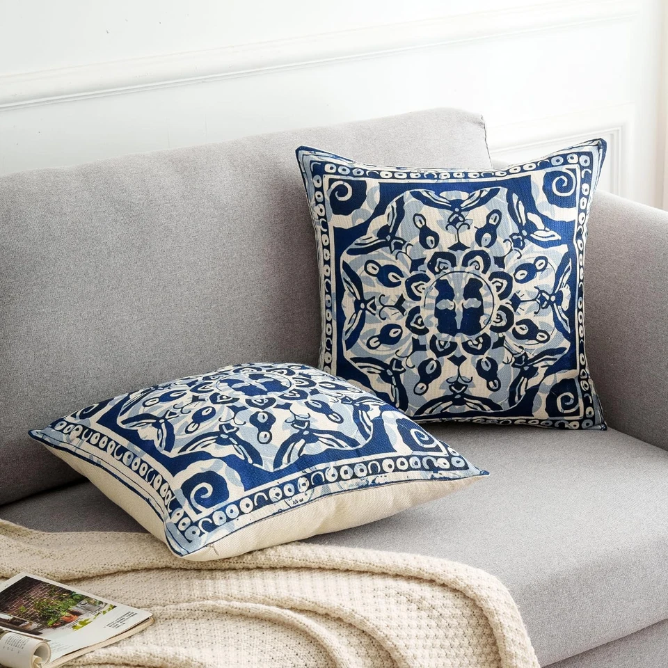 Kissenbezug 45x45 2er Set Boho Retro Datura Blume Muster Geometrische Blau Be... - Bild 2 von 4