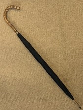 Antico Ombrello Nero - Whangee Manico in Bambù e Collare Placcato Oro - N.P