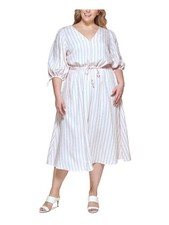 CALVIN KLEIN Womens Pink Tie Cinched Waist Cuffs Sleeve Midi Dress Plus 20W