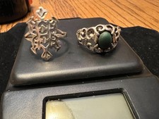 Pair of Sterling Silver Ornate Filigree Ring size 8- almost, Green Stone
