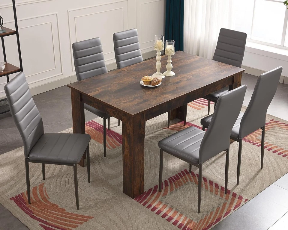 Modern 6-Piece PU Leather Dining Table Set Grey Chairs 140x80x75cm - Image 3 of 4