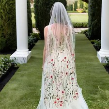 Floral Lace Cathedral Length White Bridal Wedding Veil Handmade Customization