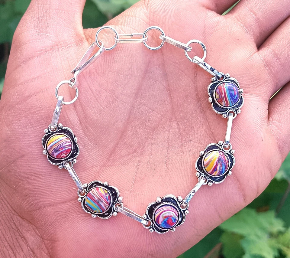 Rainbow Calsilica Gemstone 925 Sterling Silver Plated Bracelet Elegent Jewelry - Image 2 of 3