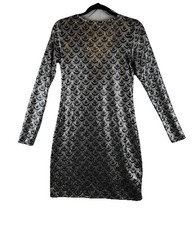 Michael Kors Black Silver Scallop Glitter Lame Cowl Back Chain Dress Medium