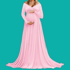 Saslax Maternity Off Shoulders Long Sleeve Gown Baby Photo Dress Pink Size Small