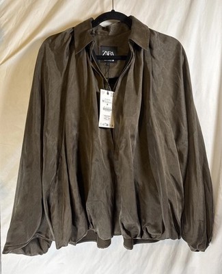 Zara Viral Pleated Satin Green Balloon Hem Bomber Jacket Size Size Medium NWT