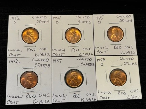 UNITED STATES 1952 S TO  1958 D  LINCOLN  WHEAT CENTS  6 COIN RED UNC  LOT  L27