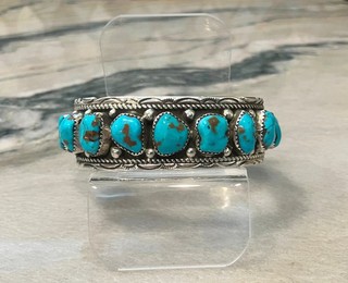 Vintage Native American Sterling Turquoise Bracelet 7" Exquisite Detail "V Y"