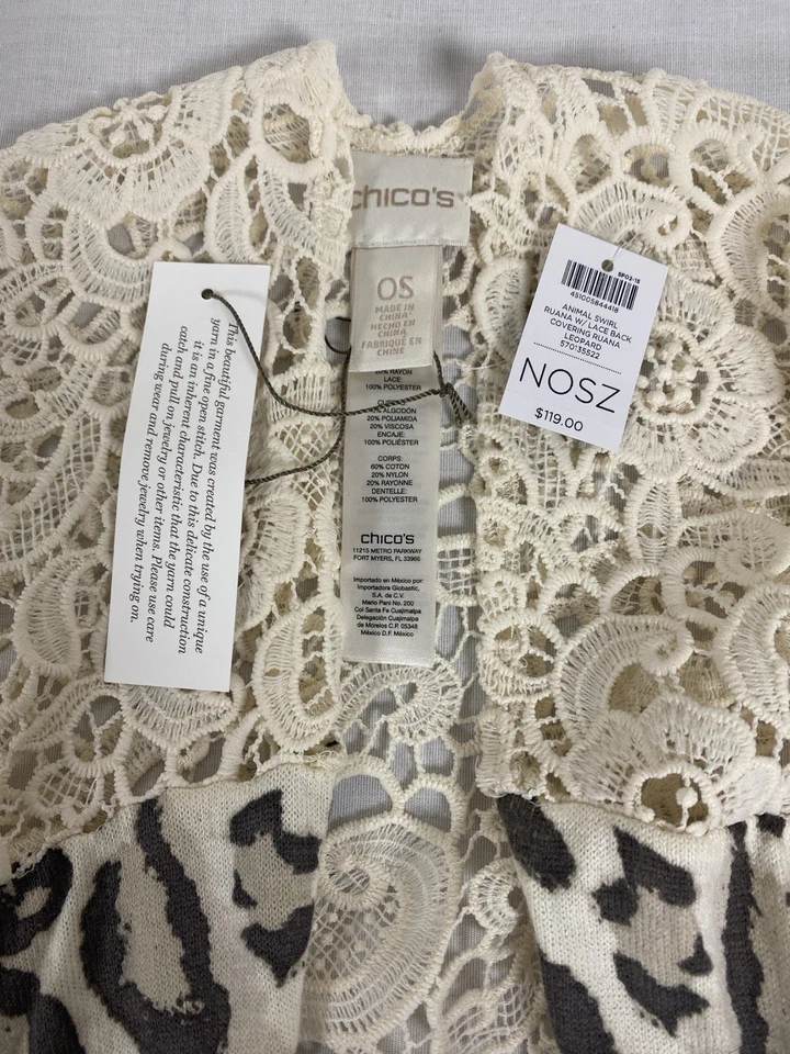 Nuevo con etiquetas Chico's Encaje Estampado Leopardo Ruana Envoltura Lados Abiertos Mezcla de Algodón Talla Única Foto 2 de 4