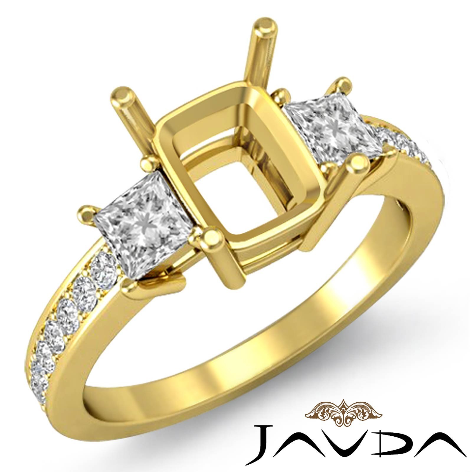 3Stone Ring Princess Cushion Mount Diamond Engagement Ring 14k Yellow Gold 0.8Ct-image