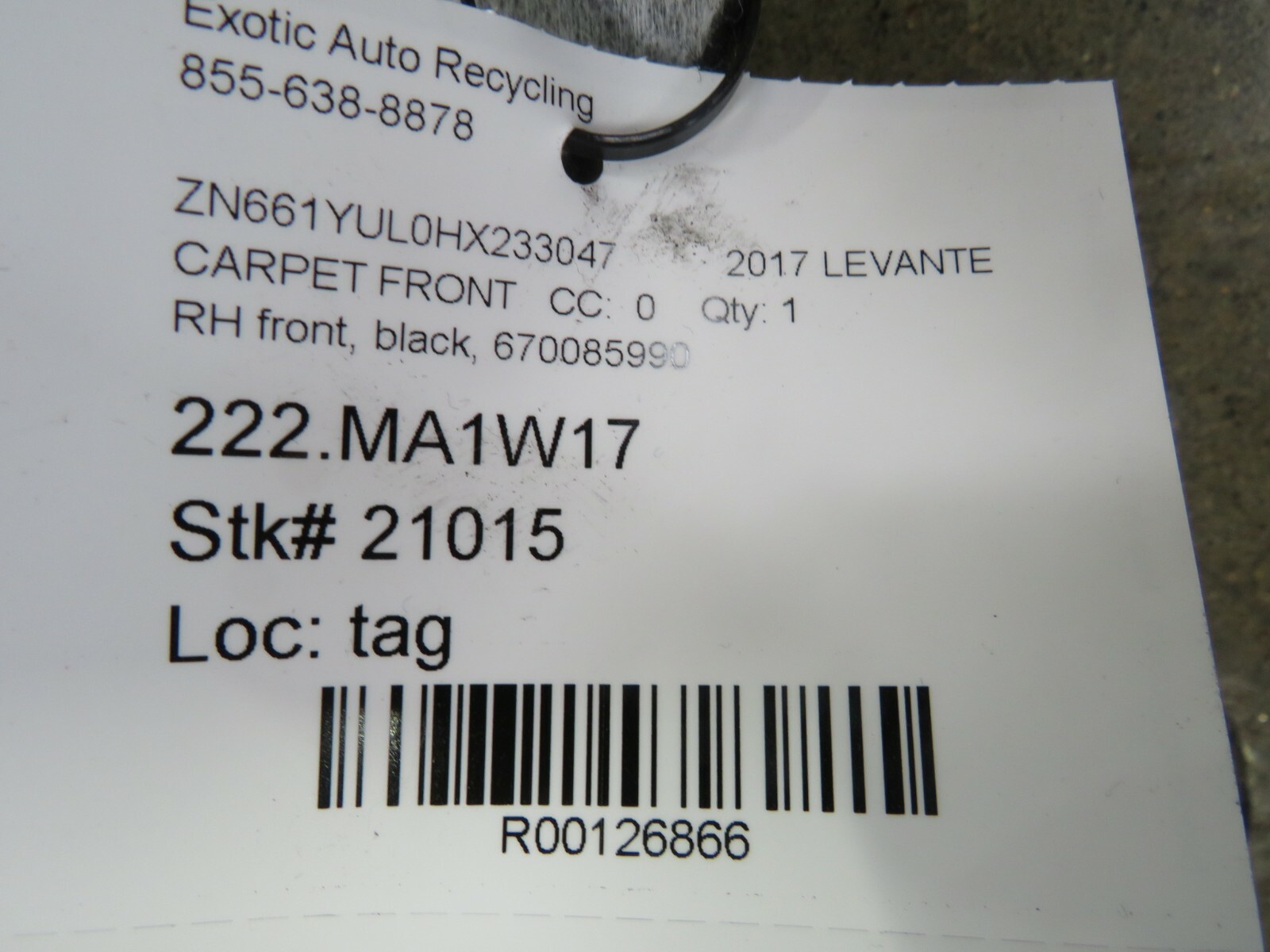 Maserati Levante, RH, Right, Front Floor Carpet, Black, Used, P/N 670085990