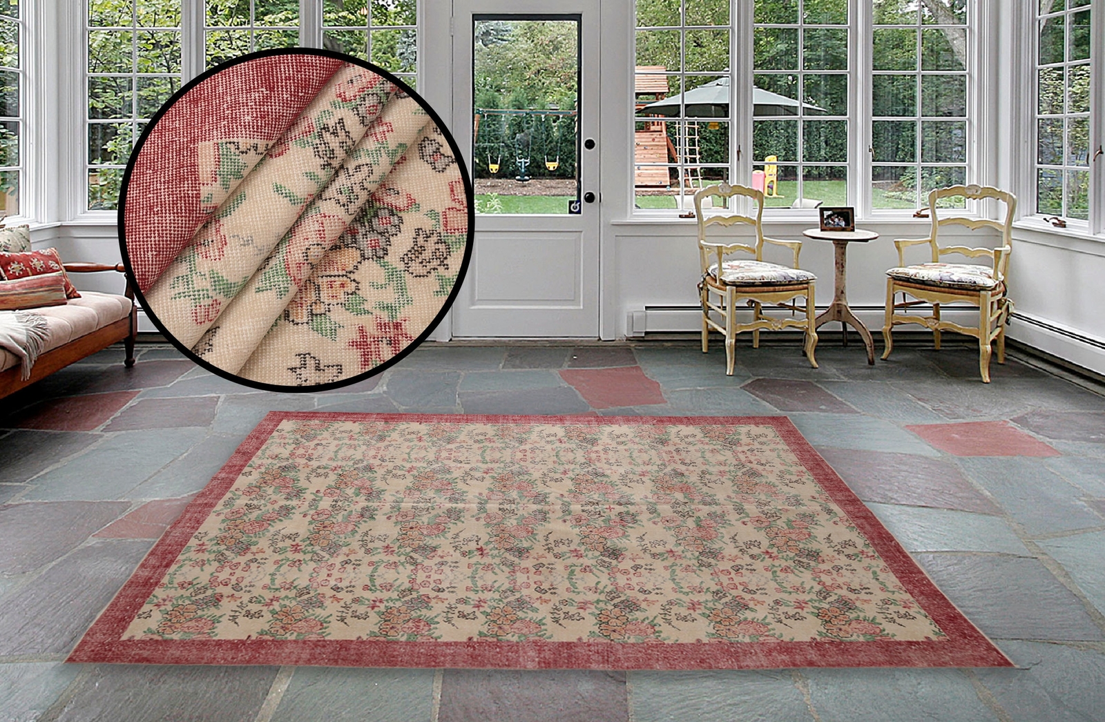 flower turkish rug, washable rug, vintage handwoven rug, 70s rug, used