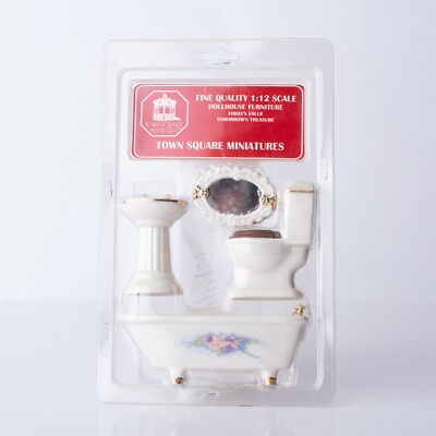 Town Square Miniatures 4 Pc Porcelain Bathroom Set Floral 1:12 Scale Tub Toilet