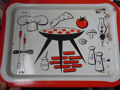 Vintage BAR B QUE BARBECUE Theme Metal TV LAP TRAY Rusty Patina 17'' x 12'' USED